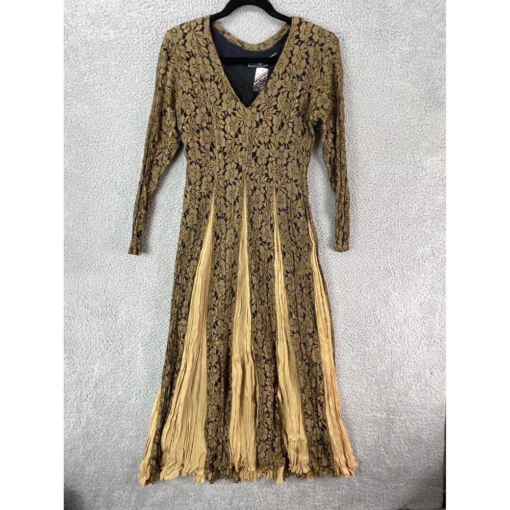 Petalo Lace‎ Midi Dress Womens 10 Gold Black NEW Vintage Style Pleated V-Neck